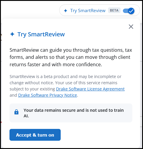 SmartReview toggle - on with disclaimer